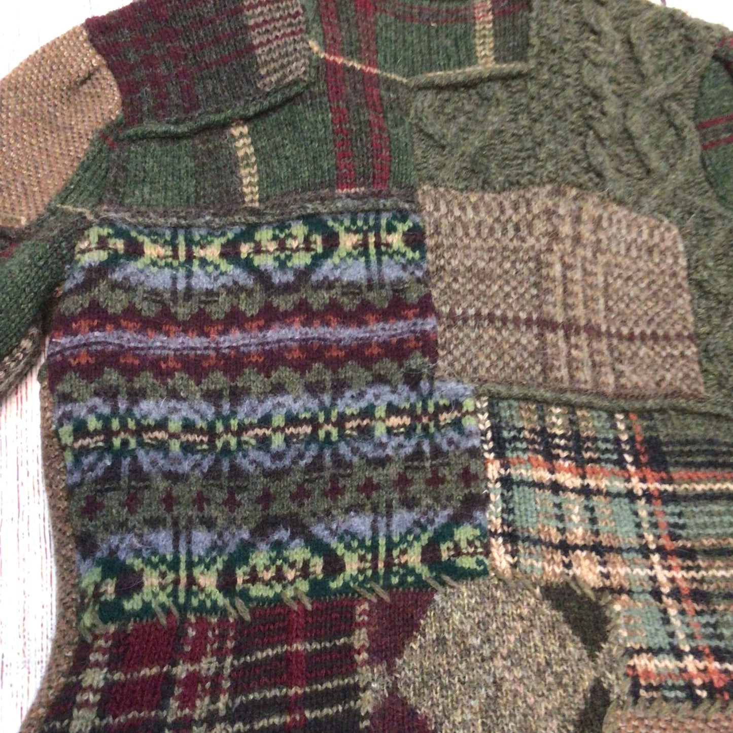 Ralph Lauren Green Brown Patchwork Lambswool Blend Cardigan Size M