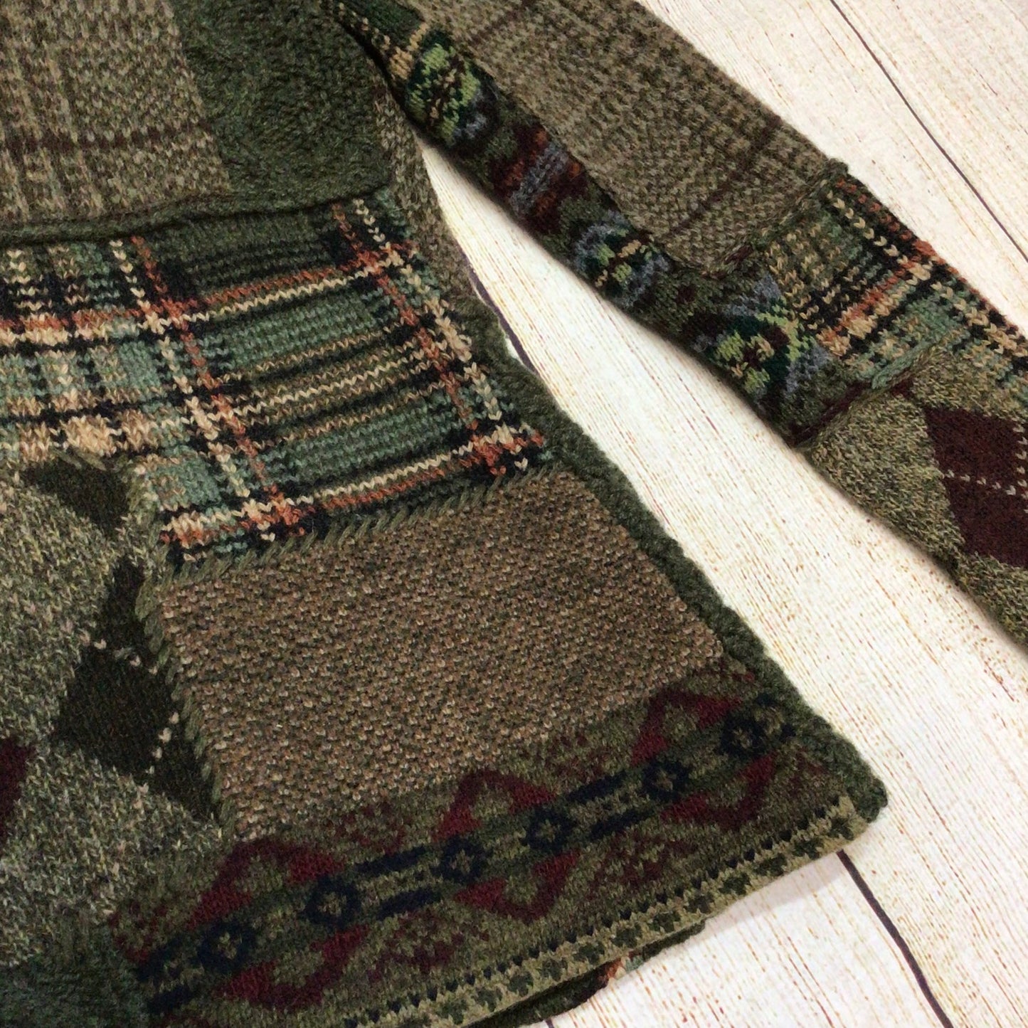 Ralph Lauren Green Brown Patchwork Lambswool Blend Cardigan Size M