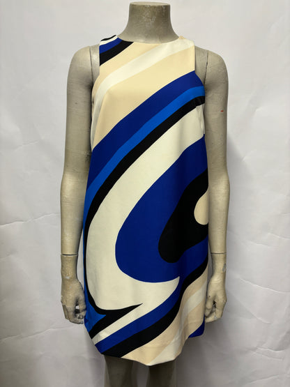 Milly Cream, Blue and Black Sleeveless Swirl A-line Mini Dress 8