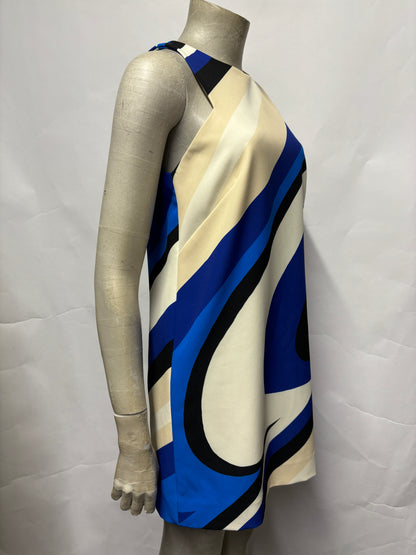 Milly Cream, Blue and Black Sleeveless Swirl A-line Mini Dress 8