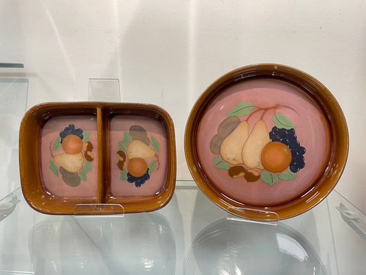 Denby Vintage Brown Orchard Fruit Hand Decorated Stoneware Divided Vegetable Dish & Round Flan Dish Bowl