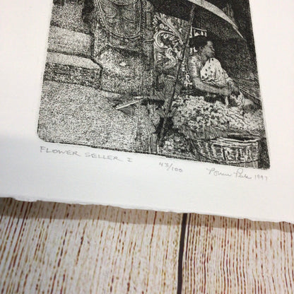 Bruce Peck Etching ‘Flower Seller I’ 9x6 Inches, Pencil, Ed 43/100, Signed, 1997