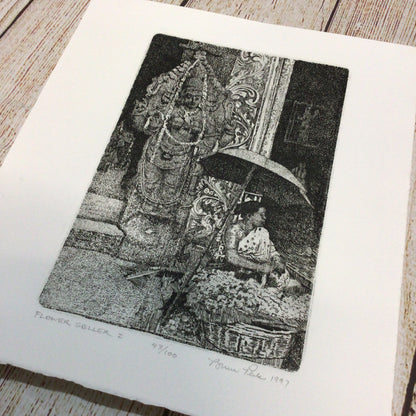 Bruce Peck Etching ‘Flower Seller I’ 9x6 Inches, Pencil, Ed 43/100, Signed, 1997