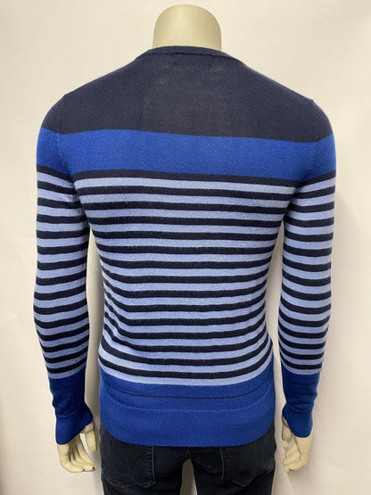 Calvin Klein Navy and Blue Striped Wool Blend Crew Neck Jumper XS