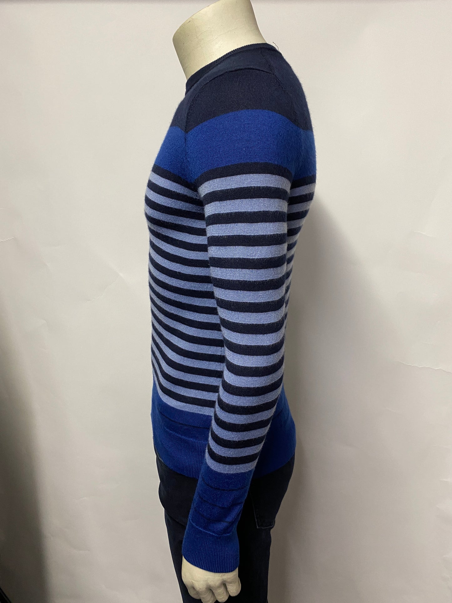 Calvin Klein Navy and Blue Striped Wool Blend Crew Neck Jumper XS