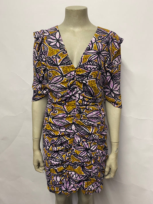 Zara Purple and Yellow African Print Ruched Mini Dress Small