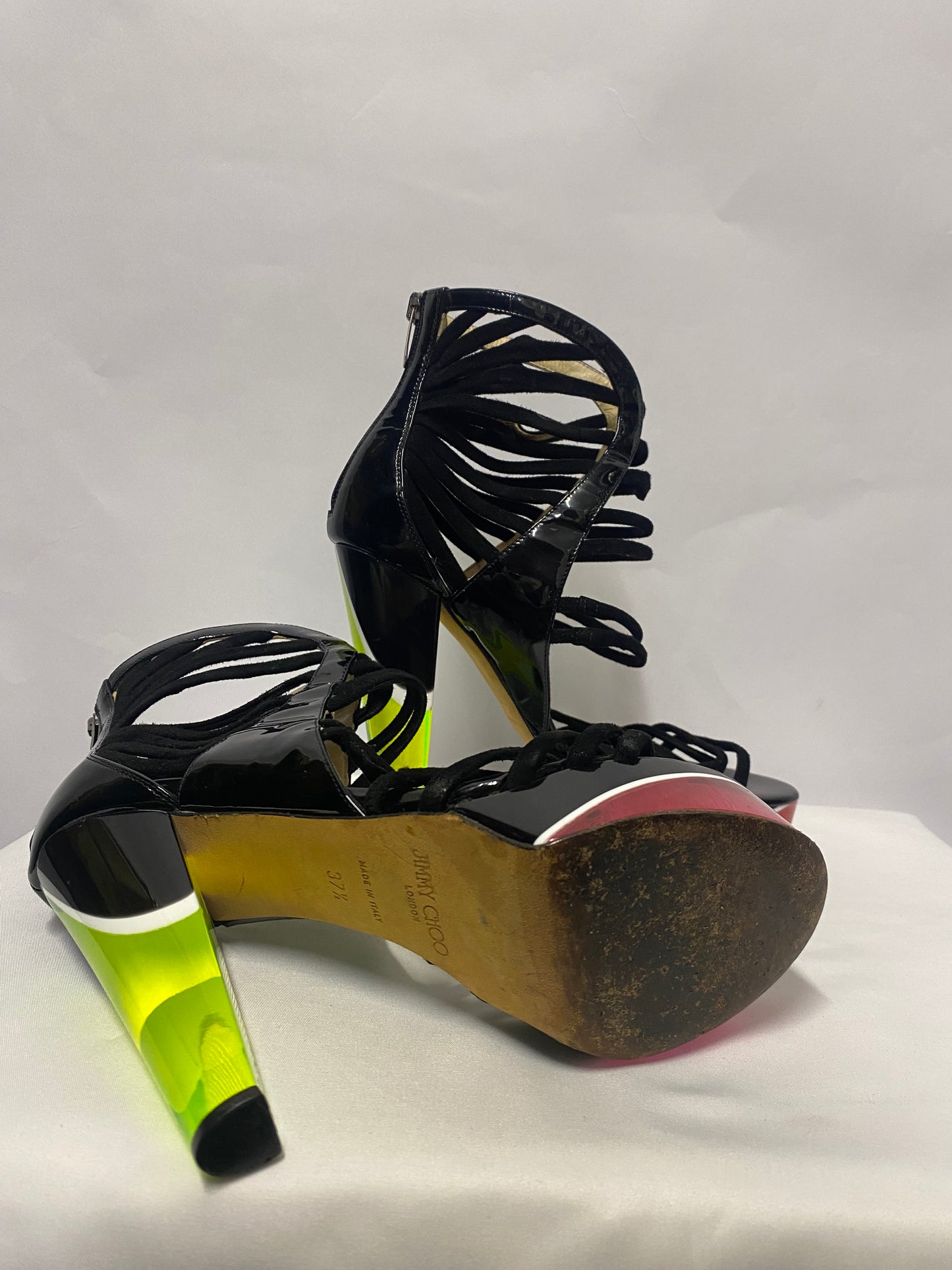 Jimmy Choo Black and Fluorescent Platform Zap Heels 4.5