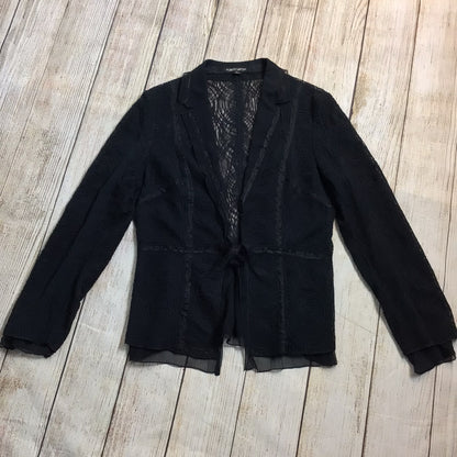 Albert Nipon Black Lace Silk Blend Blouse Jacket w/Tie Waist Size 8