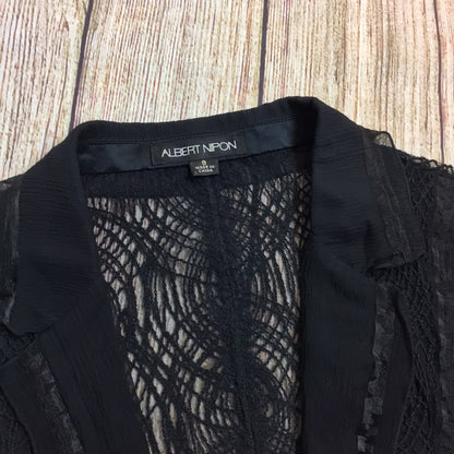 Albert Nipon Black Lace Silk Blend Blouse Jacket w/Tie Waist Size 8