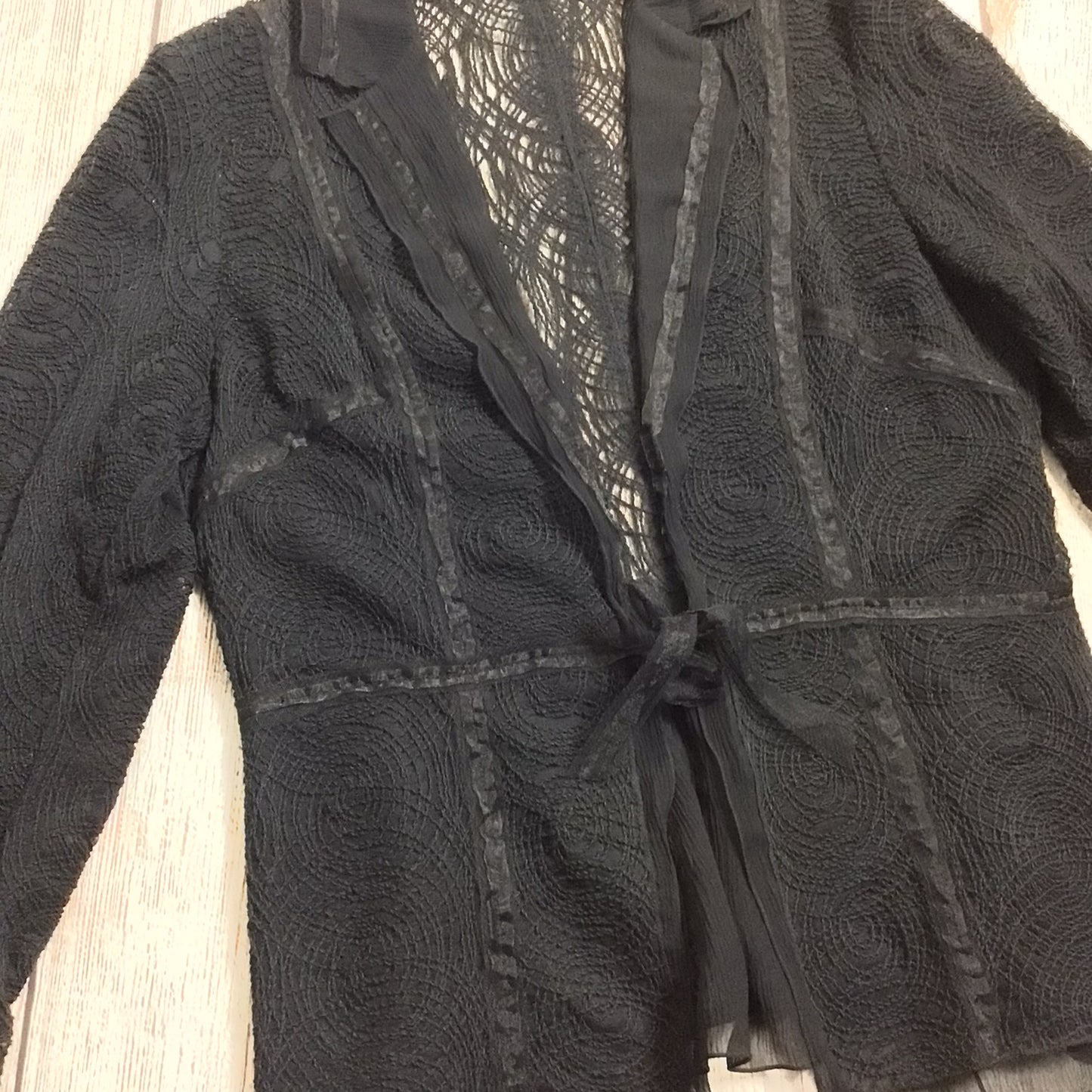 Albert Nipon Black Lace Silk Blend Blouse Jacket w/Tie Waist Size 8