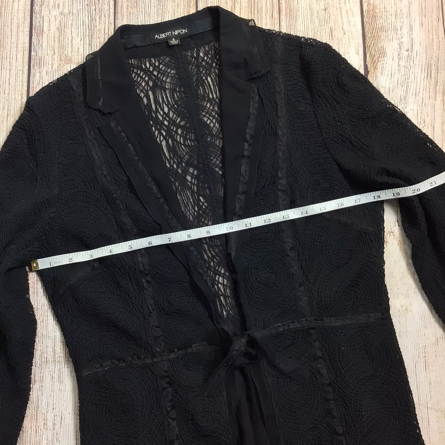 Albert Nipon Black Lace Silk Blend Blouse Jacket w/Tie Waist Size 8