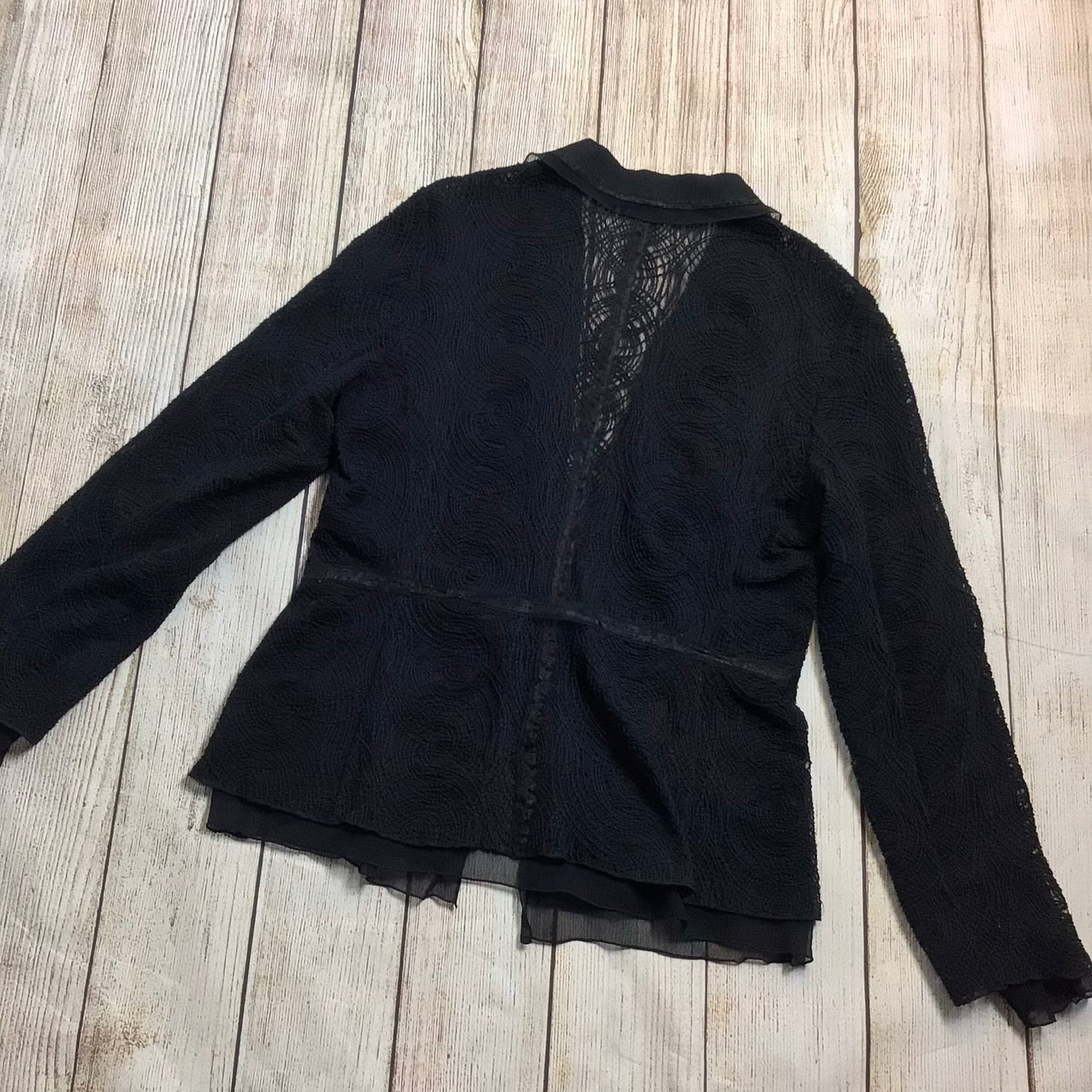 Albert Nipon Black Lace Silk Blend Blouse Jacket w/Tie Waist Size 8