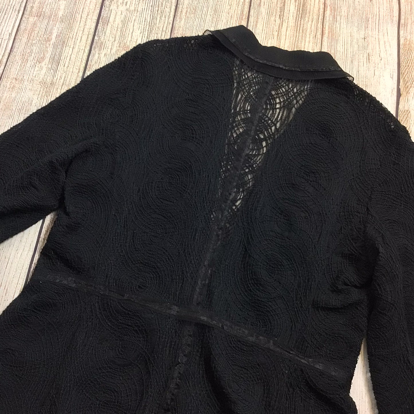 Albert Nipon Black Lace Silk Blend Blouse Jacket w/Tie Waist Size 8