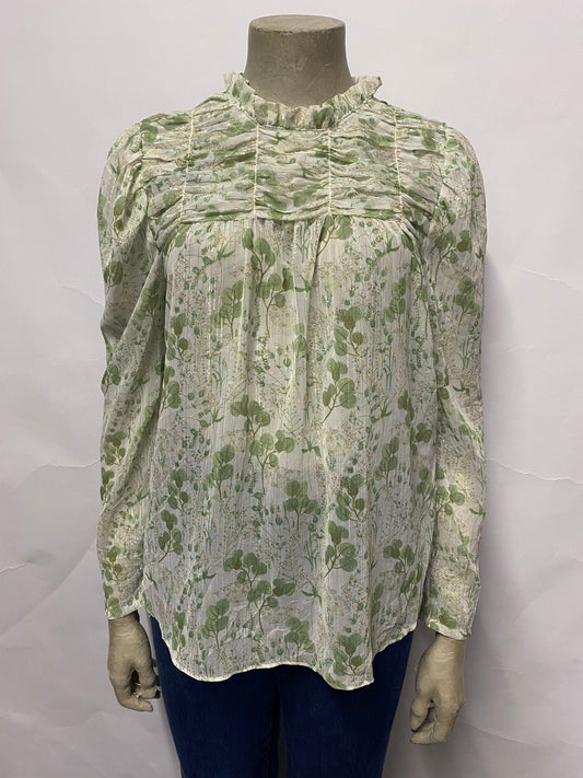 Maison de Amelie Cream and Green Sheer Leaf Print Blouse Small