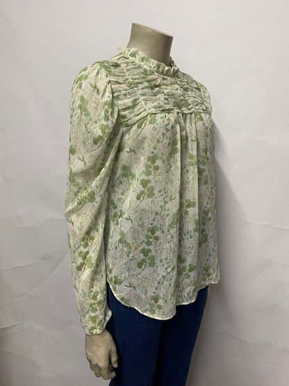 Maison de Amelie Cream and Green Sheer Leaf Print Blouse Small