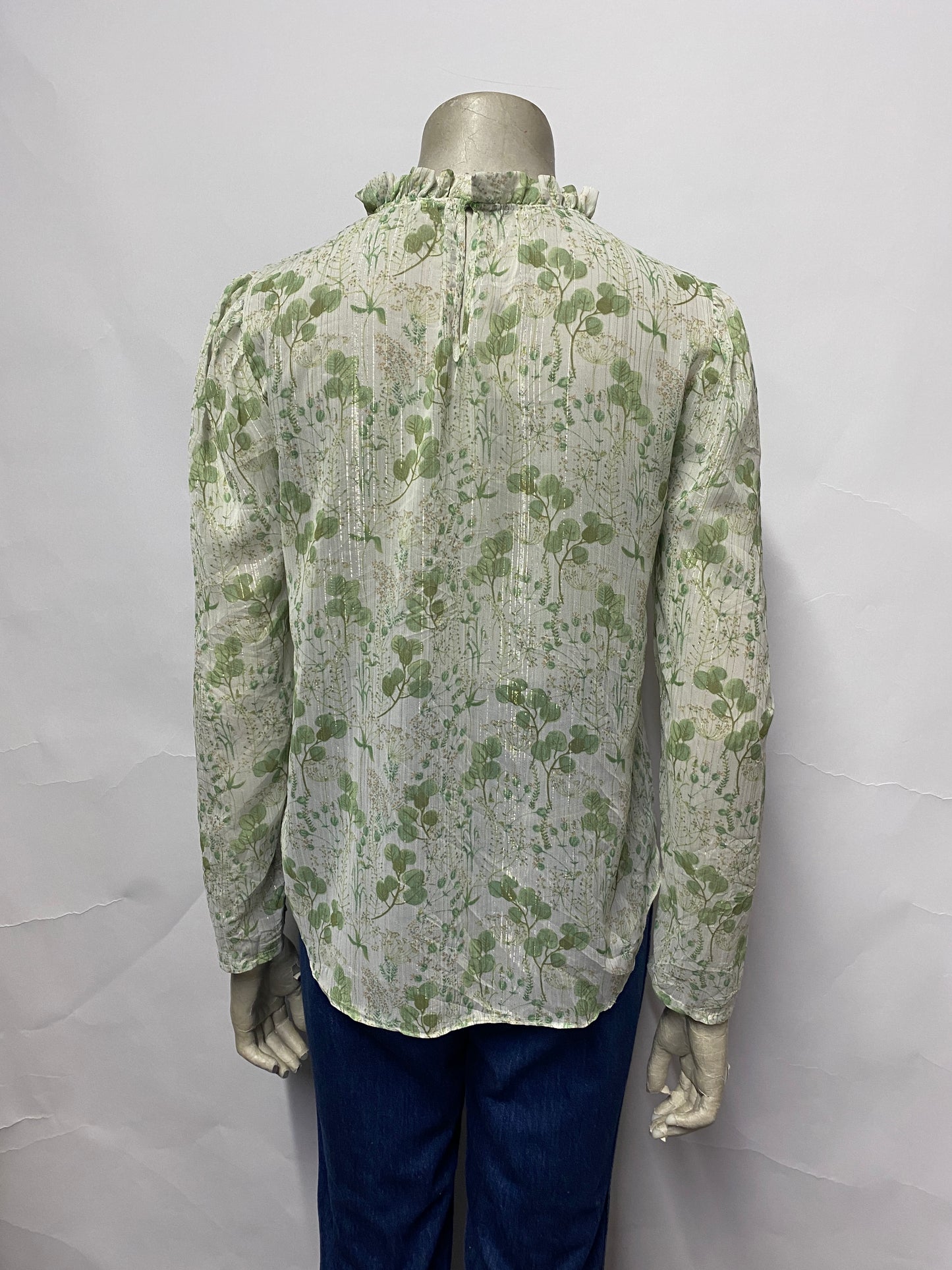 Maison de Amelie Cream and Green Sheer Leaf Print Blouse Small