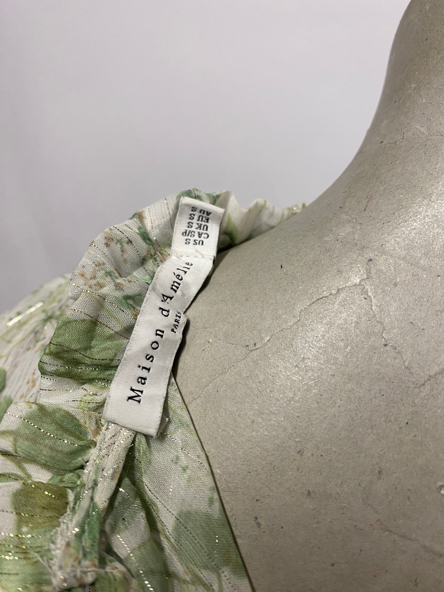 Maison de Amelie Cream and Green Sheer Leaf Print Blouse Small