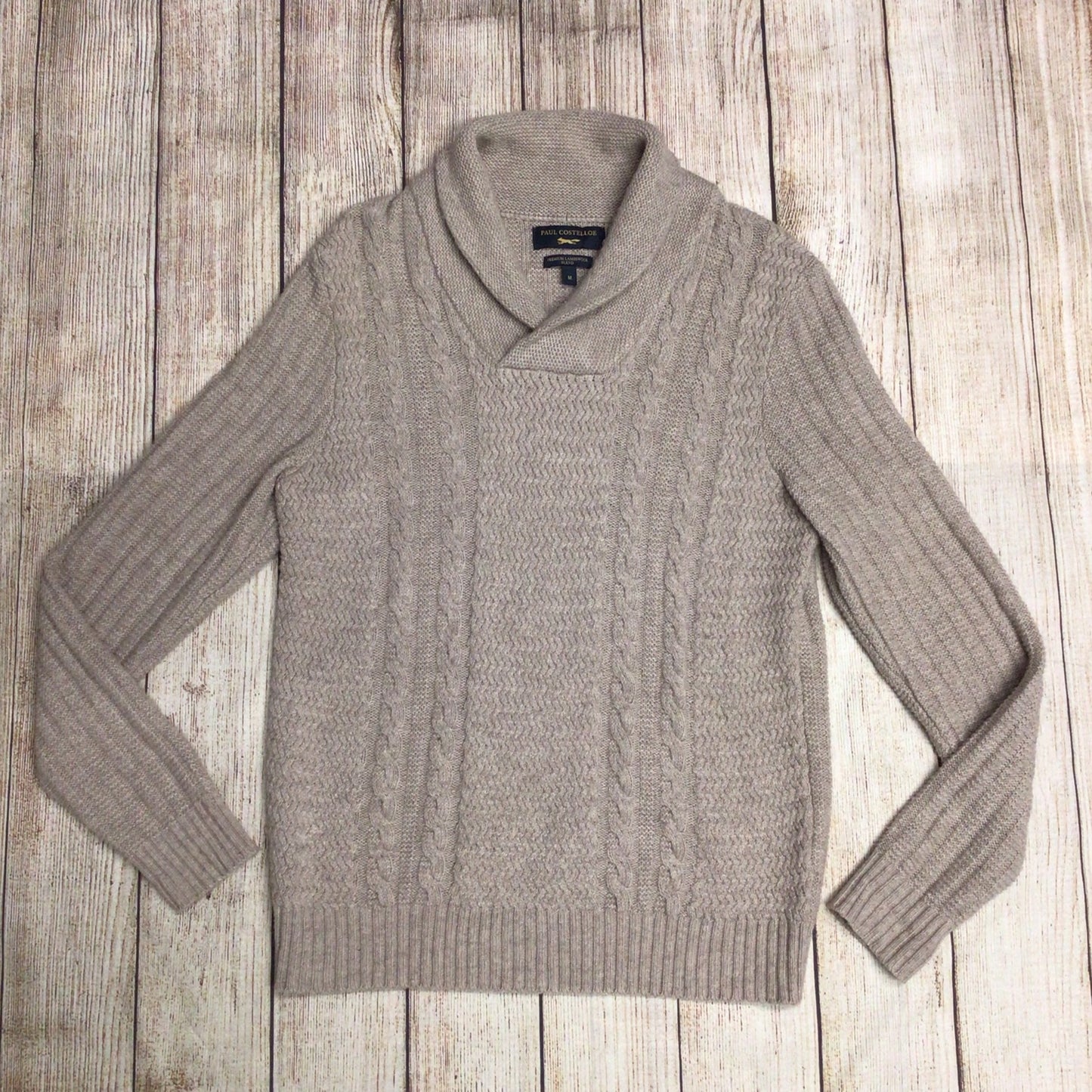 Paul Costelloe Beige Cable Knit Shawl Collar Lambswool Blend Jumper Size M