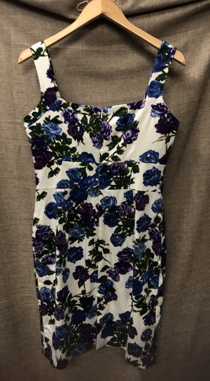 Hobbs Invitation Sleeveless Cream, Blue & Purple Floral Sleeveless Shift Dress UK 12