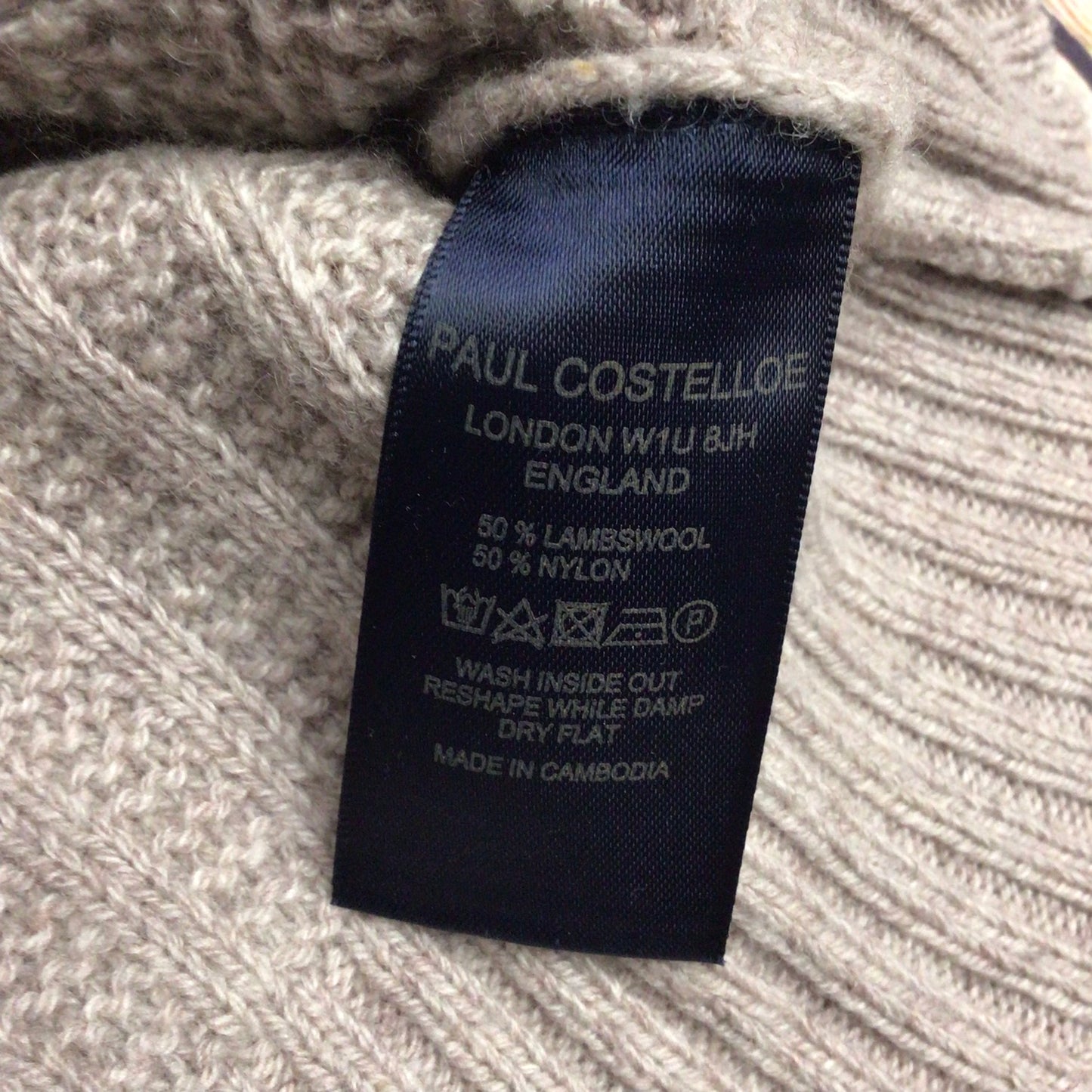 Paul Costelloe Beige Cable Knit Shawl Collar Lambswool Blend Jumper Size M