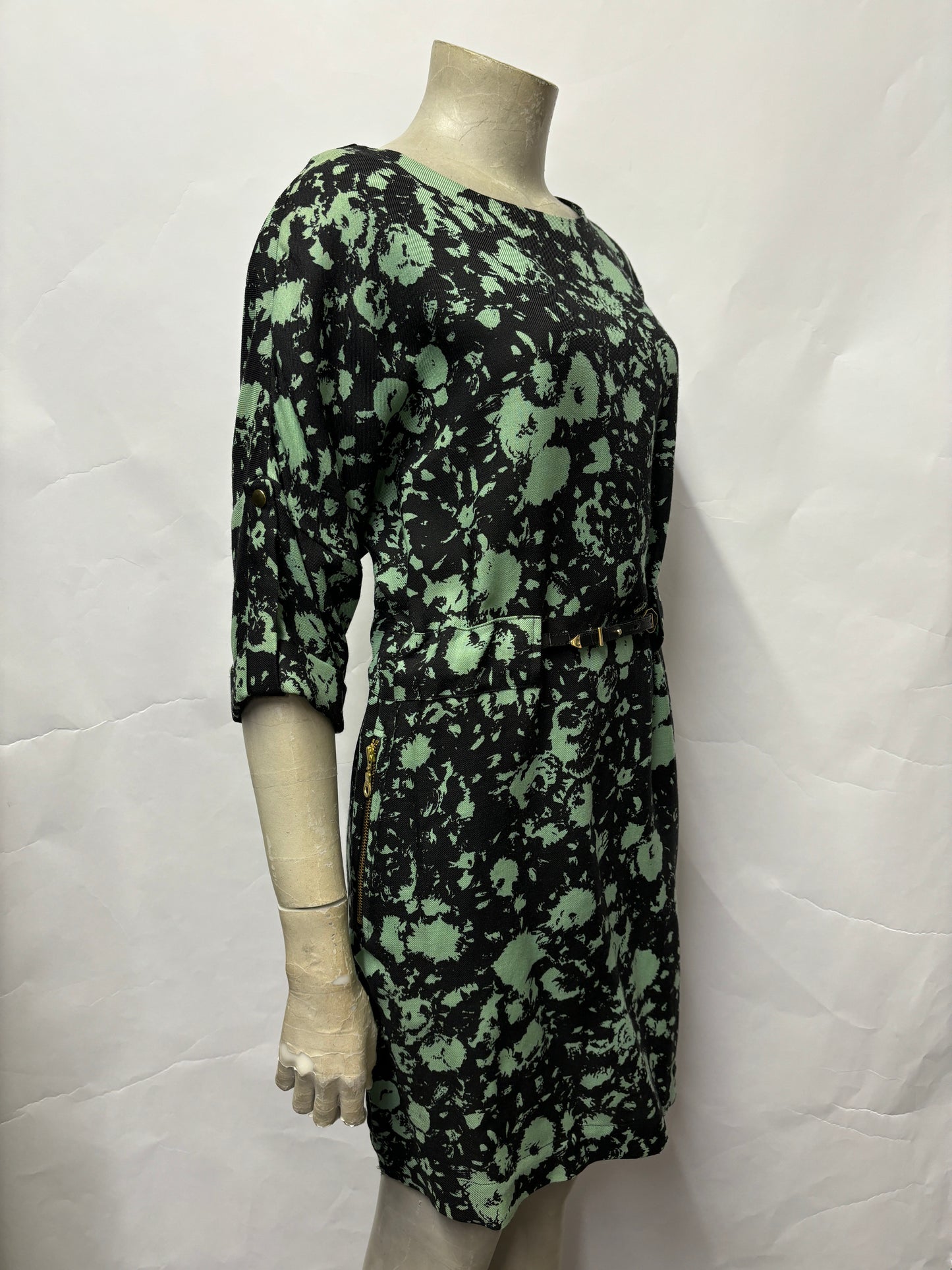 Whistles Green and Black Floral Belted Tunic Dress 8