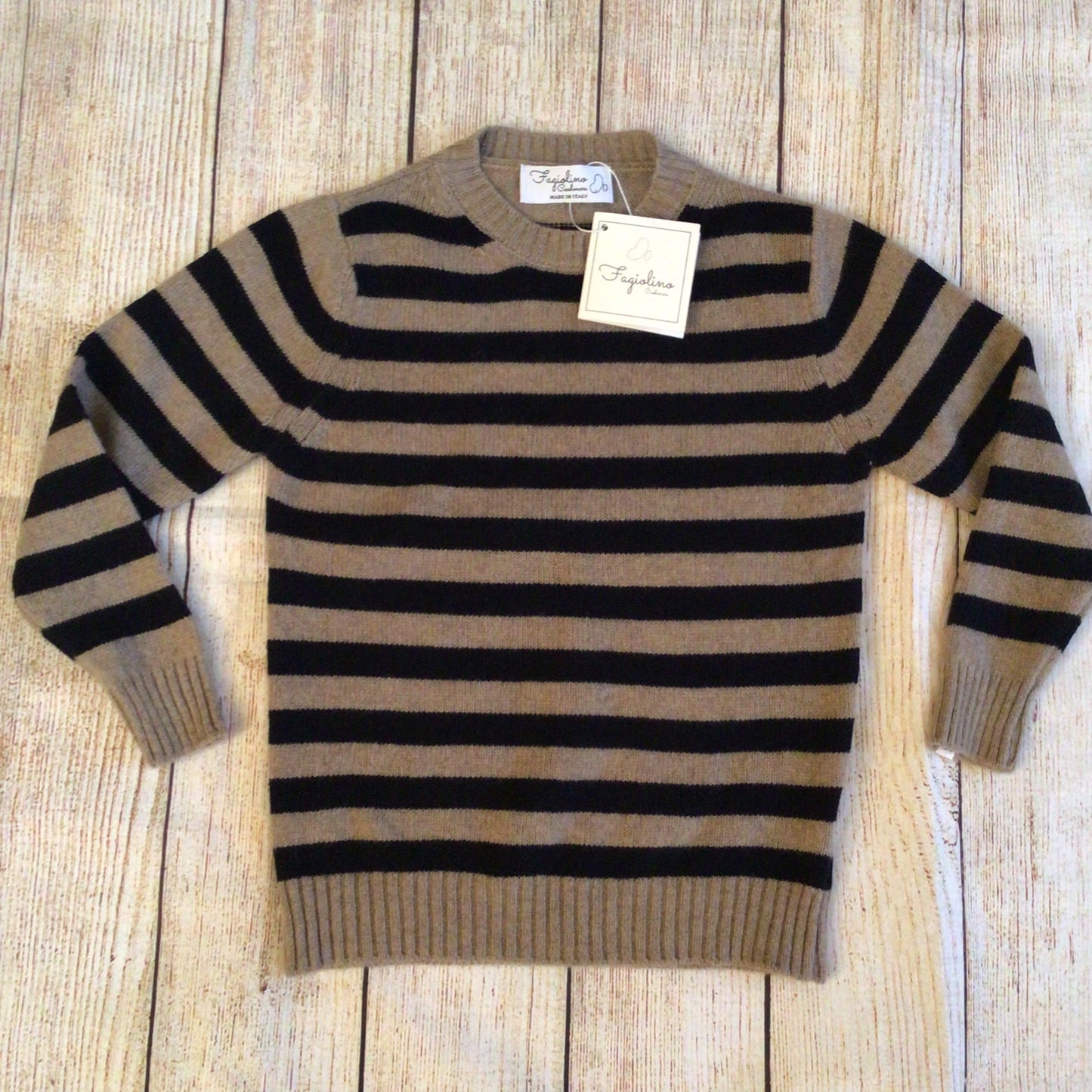 BNWT Fagiolino Beige & Black Striped 100% Cashmere Jumper Size 6 (on label)