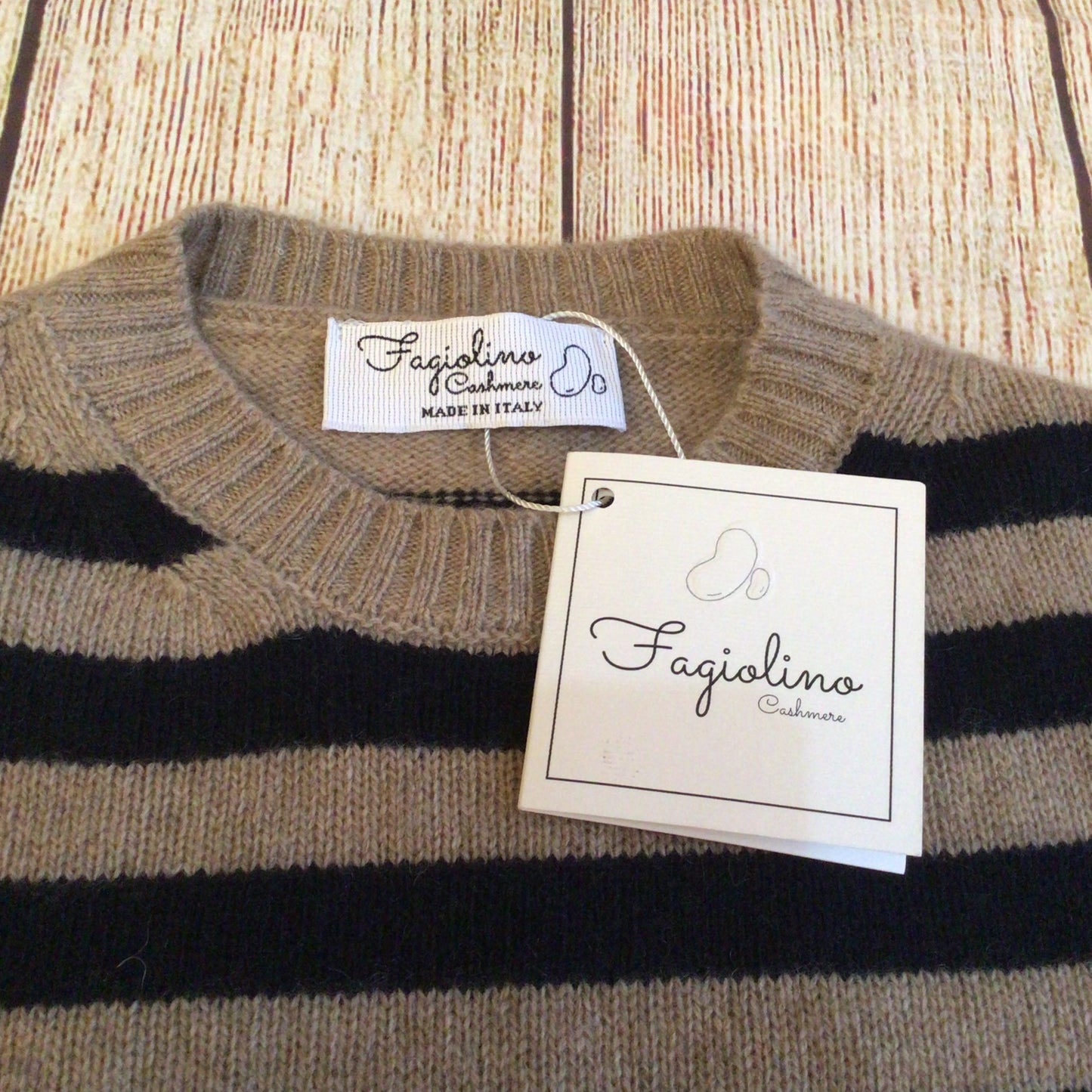 BNWT Fagiolino Beige & Black Striped 100% Cashmere Jumper Size 6 (on label)