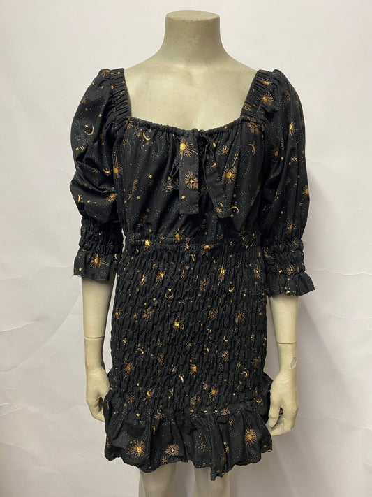 Black and Gold Sun and Star Print Shirred Mini Dress Small/8