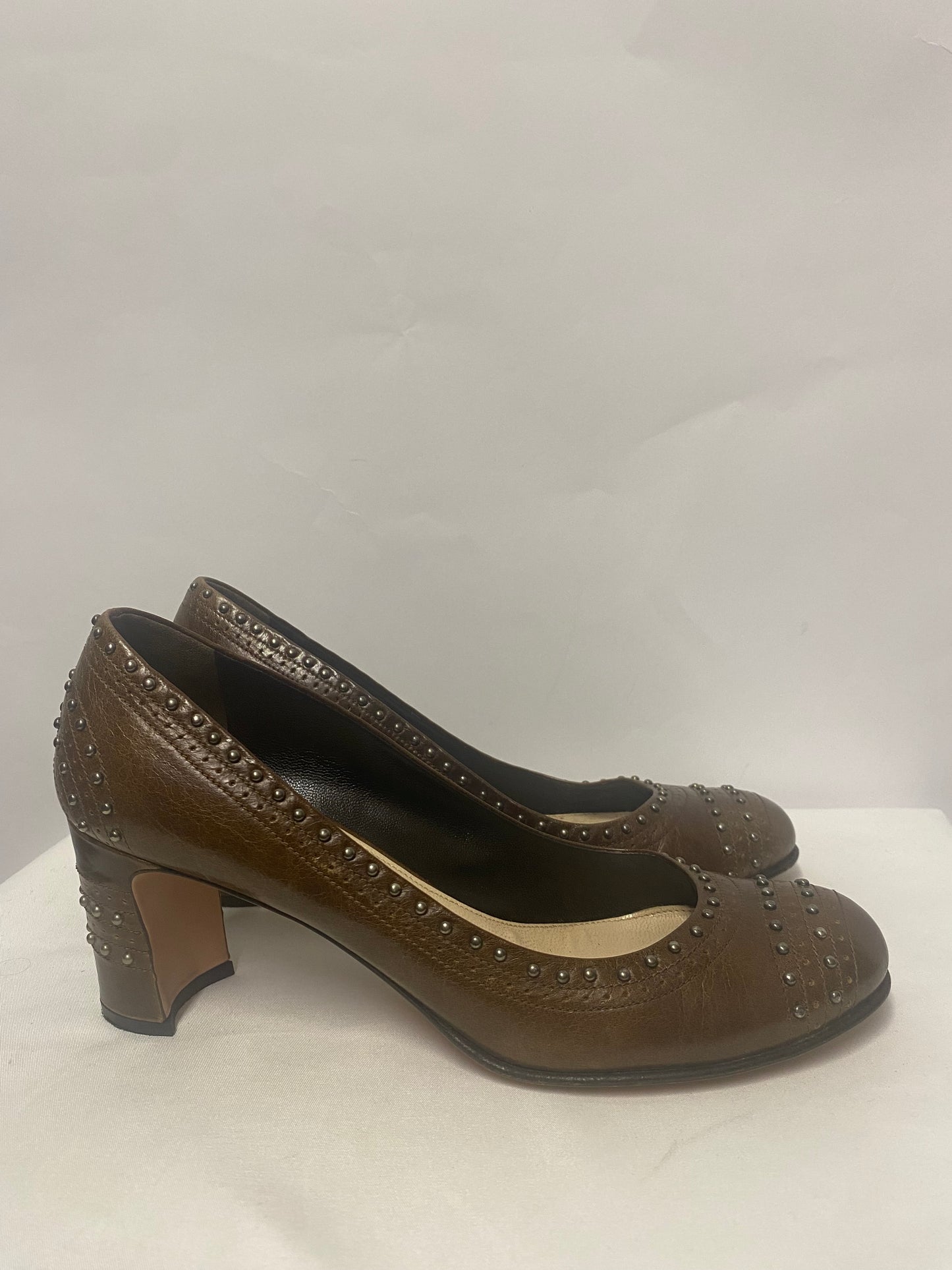 Prada Brown Studded Round Toe Block Heel Shoes 5