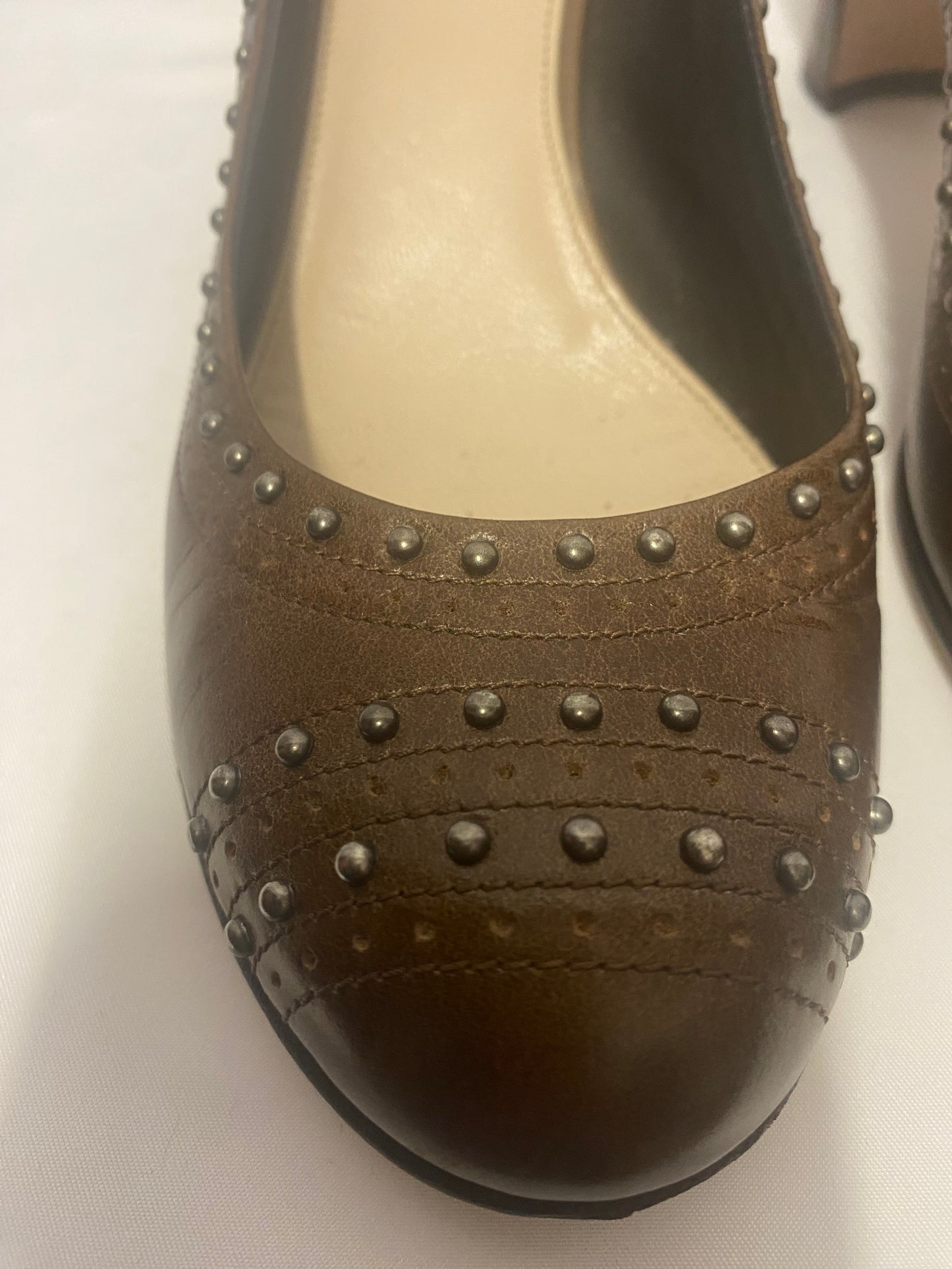 Prada Brown Studded Round Toe Block Heel Shoes 5