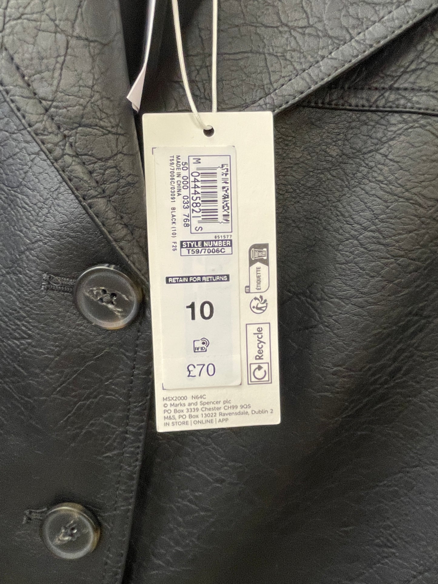 M&S Marks & Spencer New with Tags Black Faux Leather Blazer Style Jacket 10