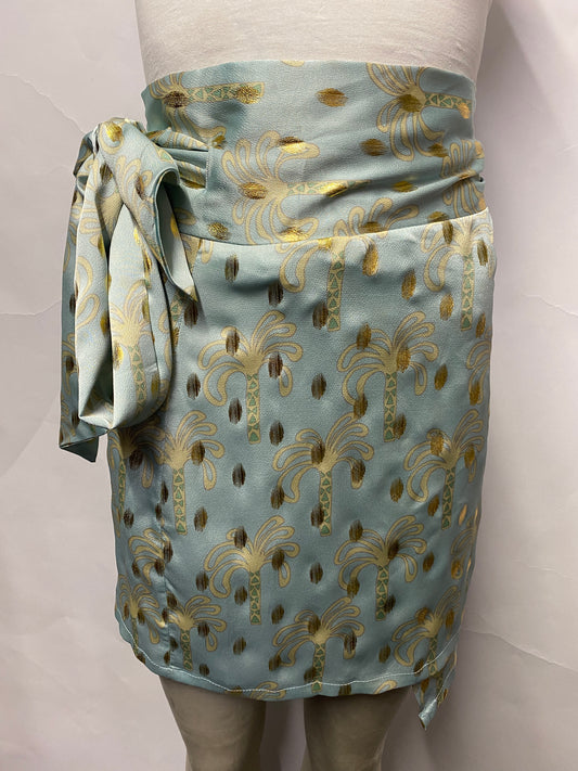 Never Fully Dressed Blue and Gold Palm Tree Satin Mini Wrap Skirt 6 BNWT