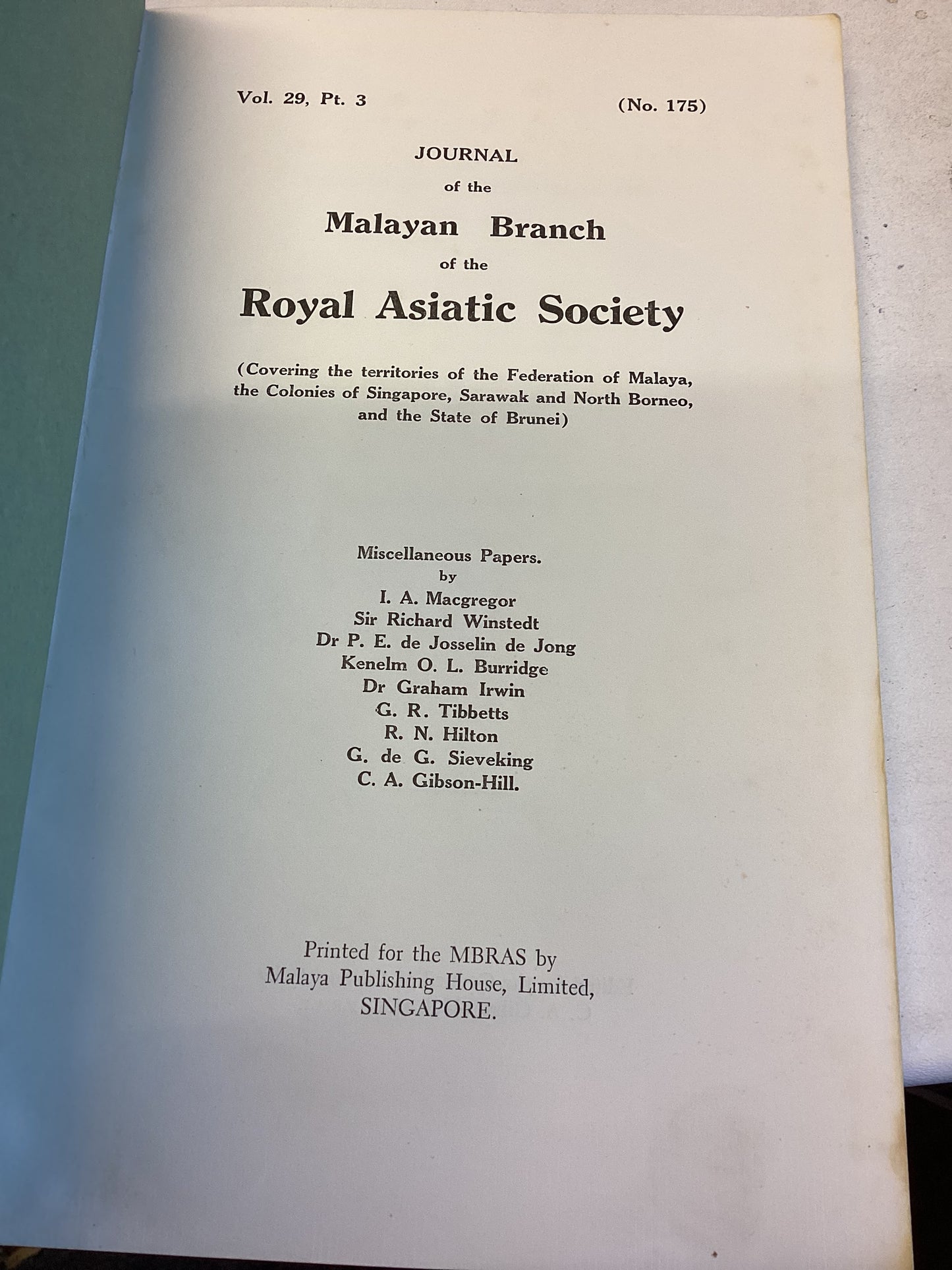 Journal of The Malayan Branch Royal Asiatic Society Volume XXIX Part 3 August 1956