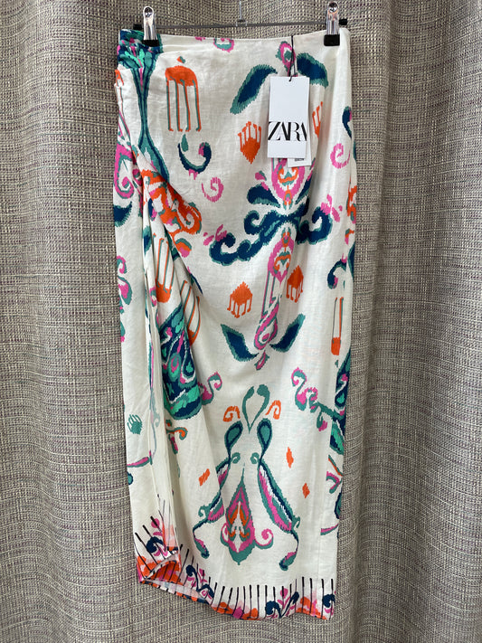 Zara New with Tags Cream Floral Linen Blend Sarong Style Wrap Skirt Extra Small