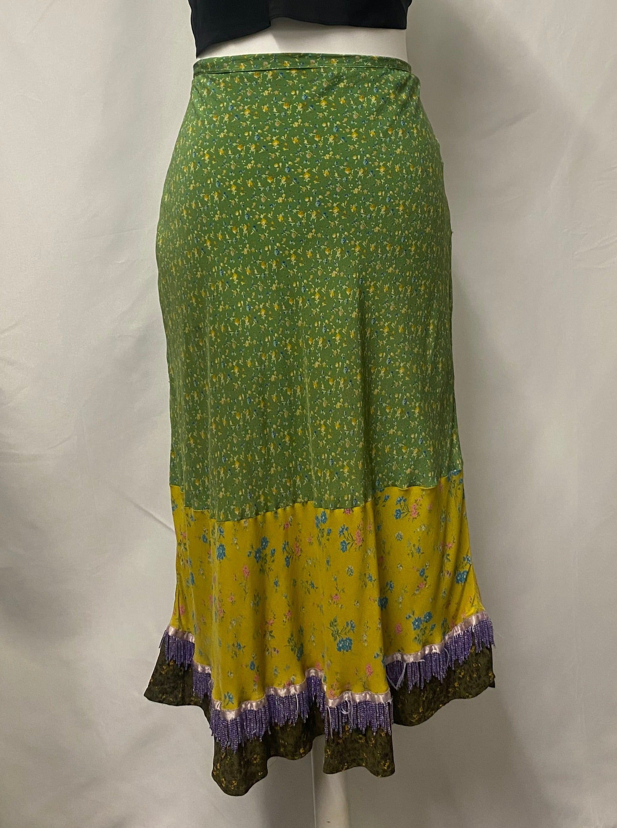 Etro Milano Green and Yellow Ditsy Floral Bead Trim Skirt Medium