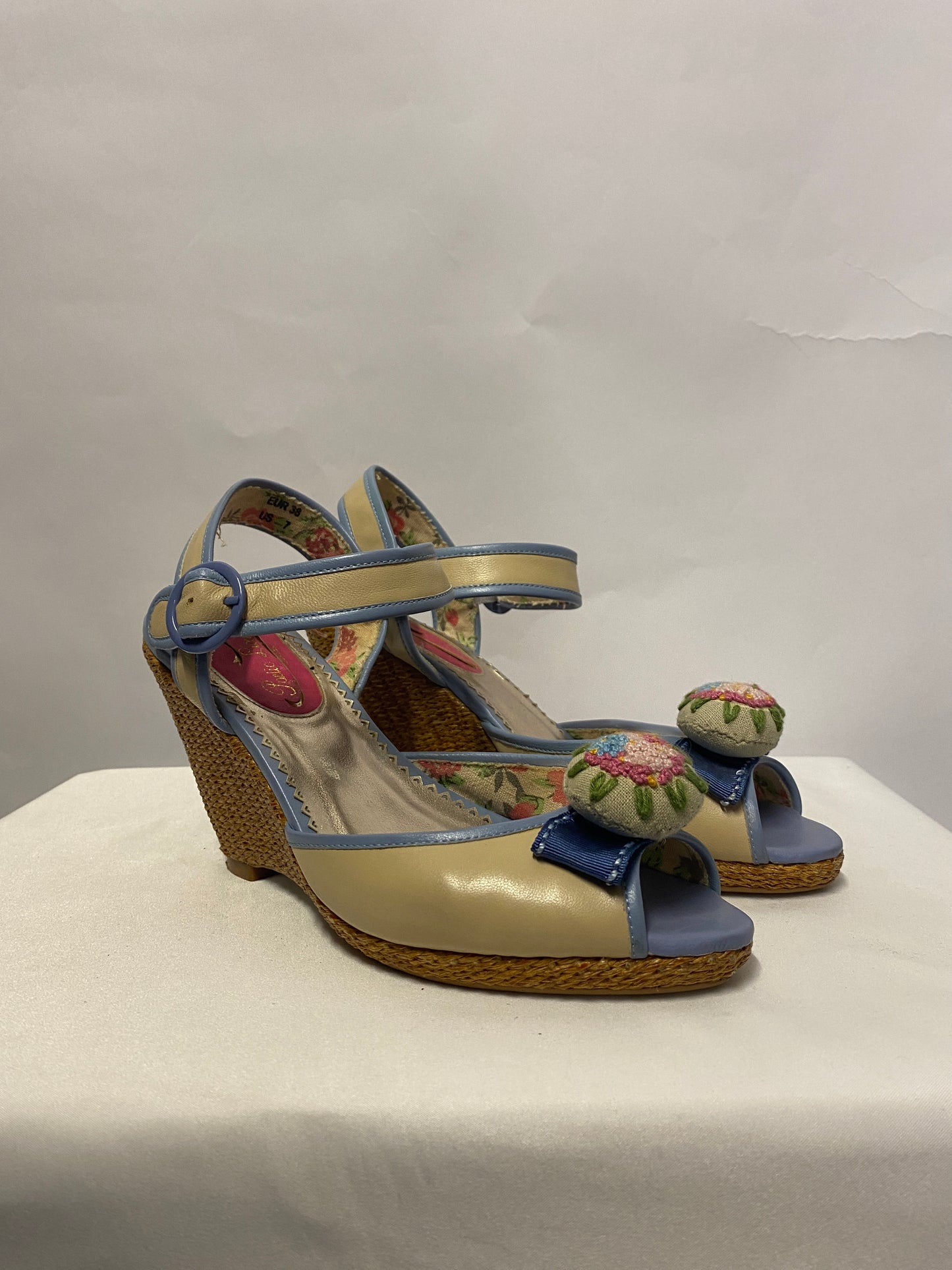 Poetic Licence Multi Coloured Leather and Wicker Open Toe Wedge Heels 5