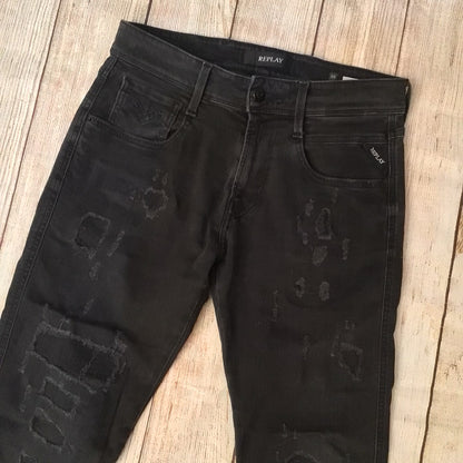 Replay Anbass M914 Black Ripped Jeans Size 30