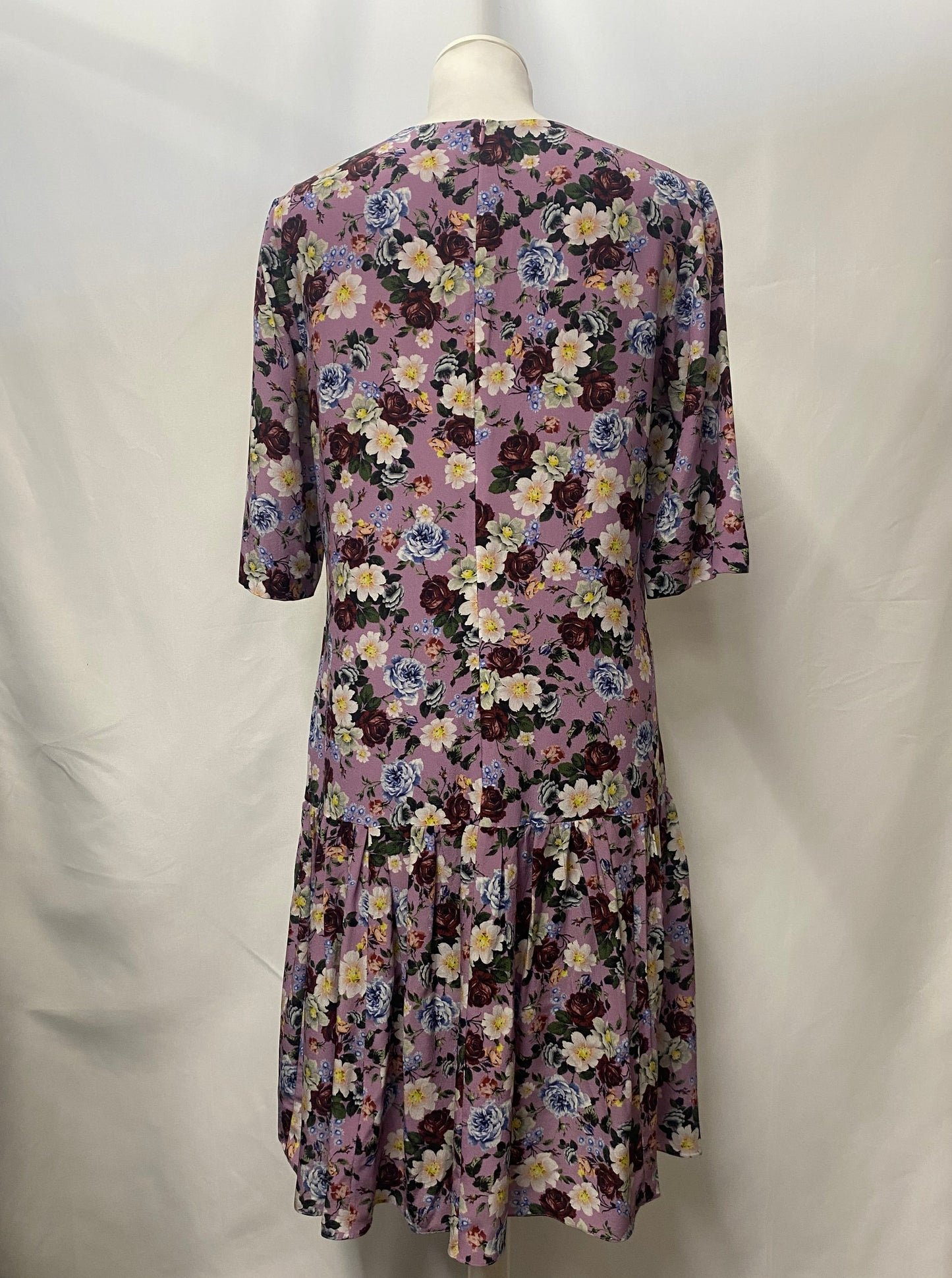 Erdem Purple Floral Silk 3/4 Sleeve Tiered Hem Dress 8