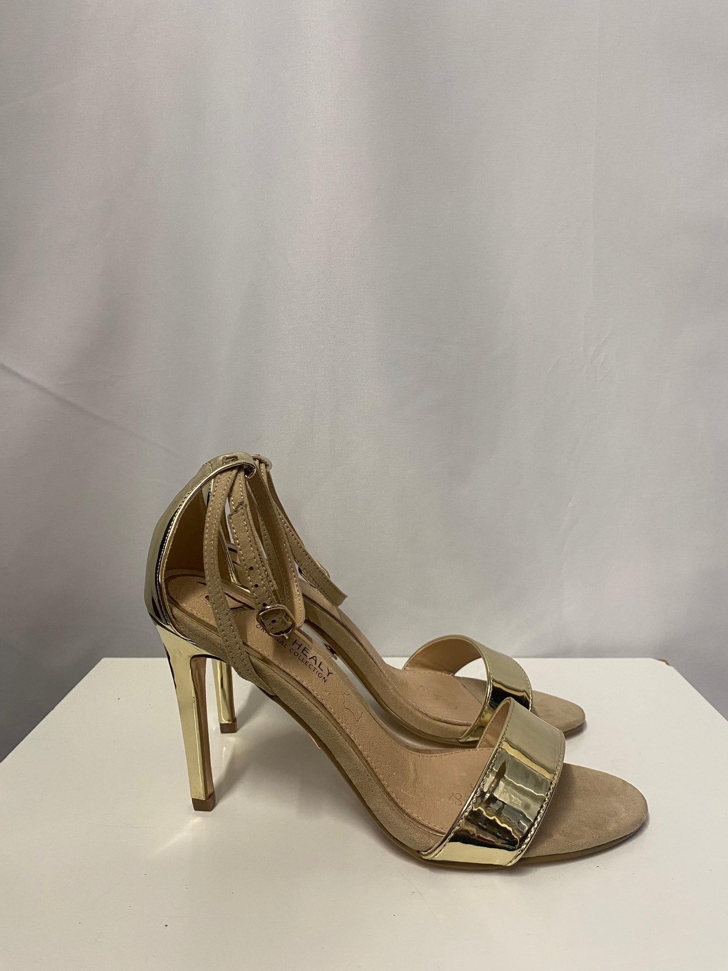 Una Healey Gold and Nude Open Toe Stiletto 5