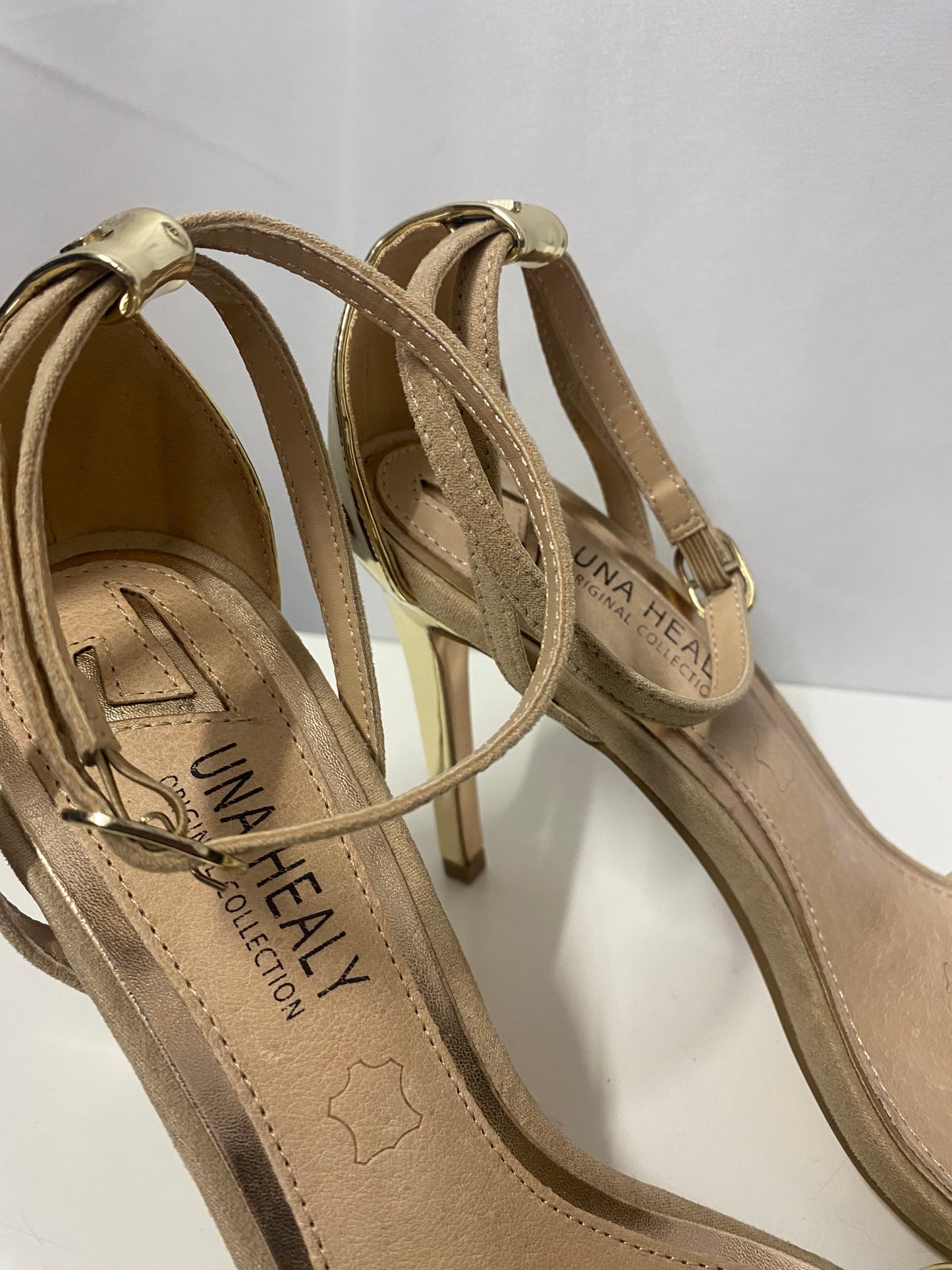 Una Healey Gold and Nude Open Toe Stiletto 5