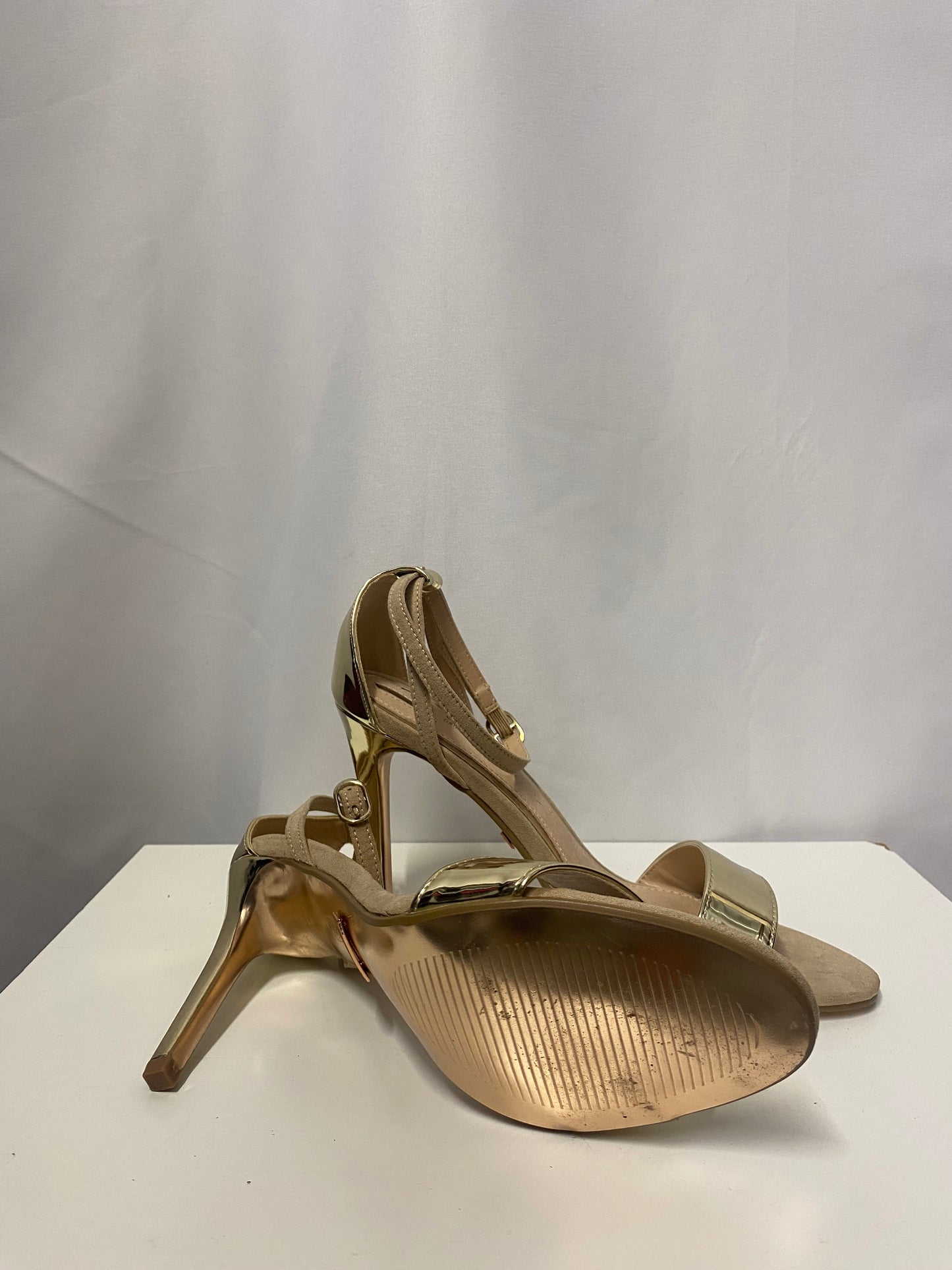 Una Healey Gold and Nude Open Toe Stiletto 5