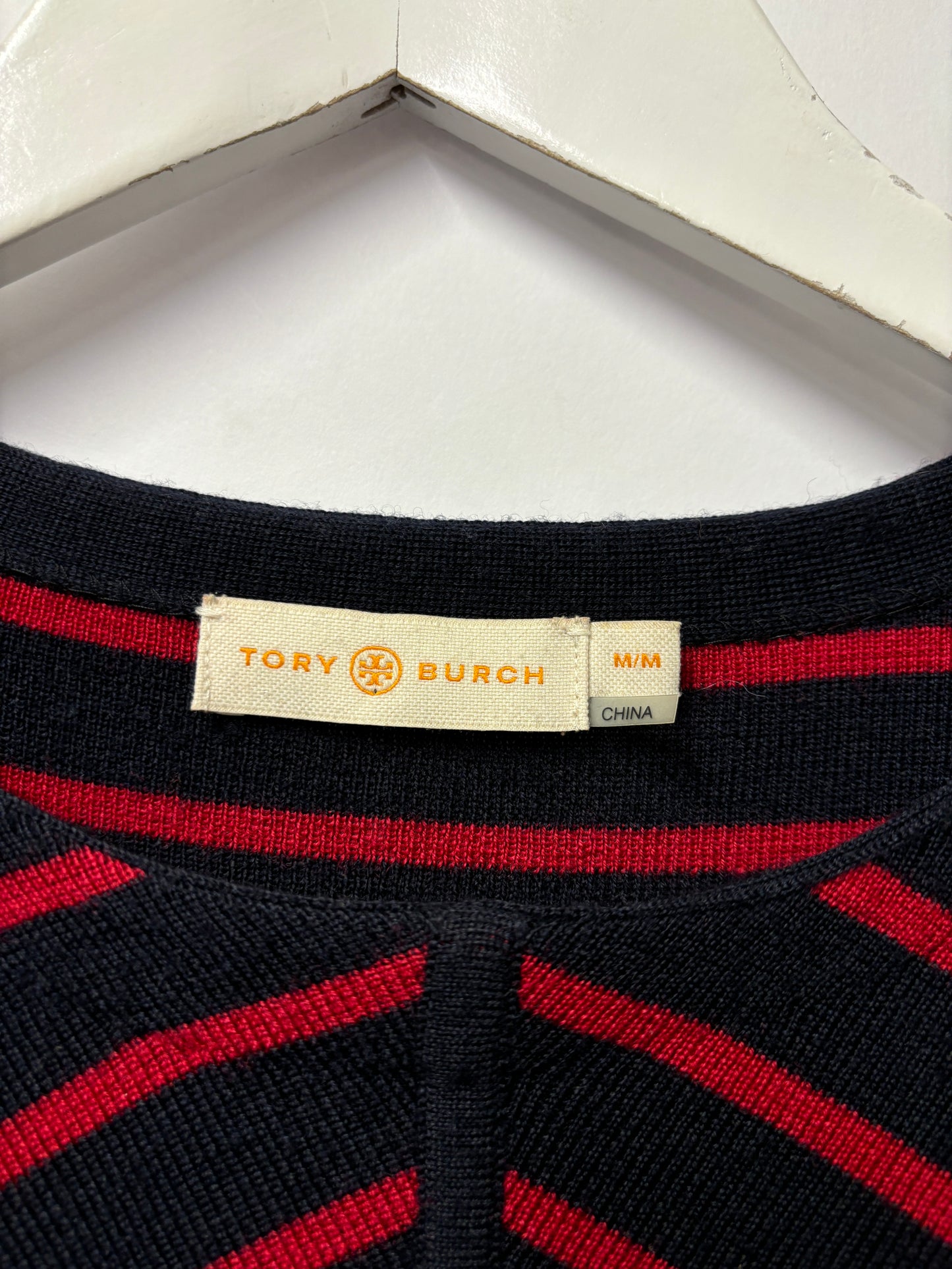 Tory Burch Red and Navy Striped Merino Wool Jumper Medium