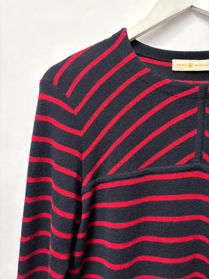 Tory Burch Red and Navy Striped Merino Wool Jumper Medium