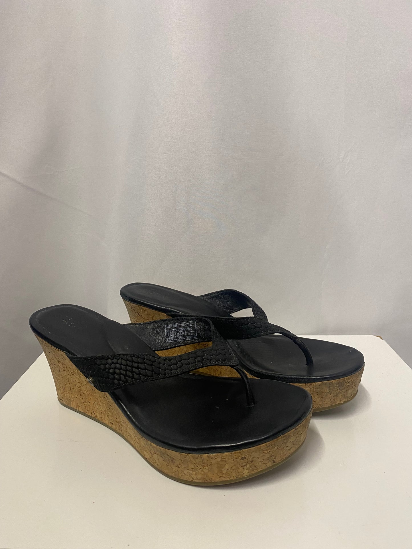 Ugg Black and Tan Cork Wedge FlipFlop Sandal 6.5
