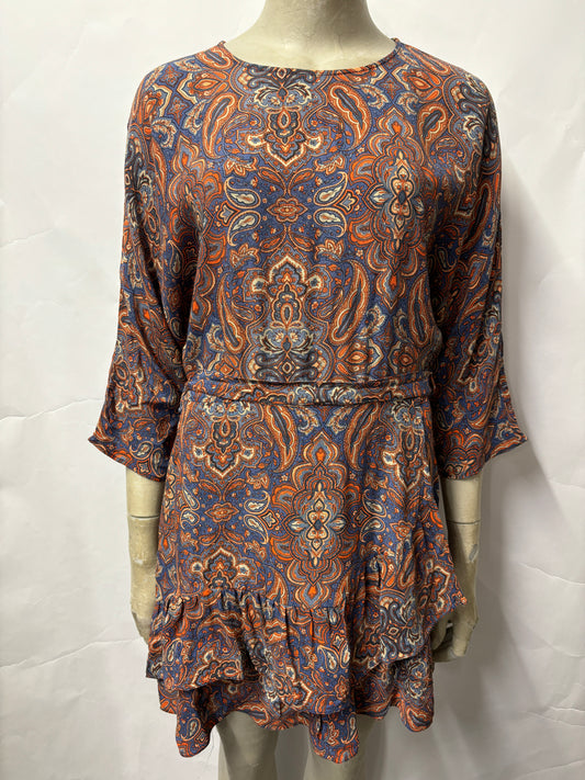 Urban Outfitters Blue and Orange Paisley Belted Mini Dress Small