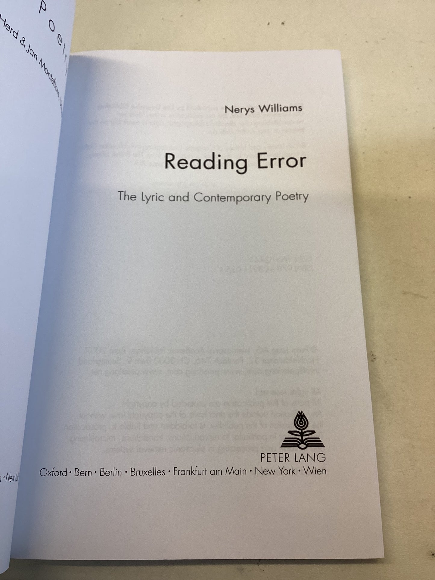 Reading Error The Lyric and Contemporary Poetry Modern Poetry No 1 Nerys Williams