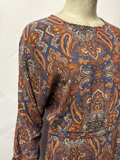 Urban Outfitters Blue and Orange Paisley Belted Mini Dress Small