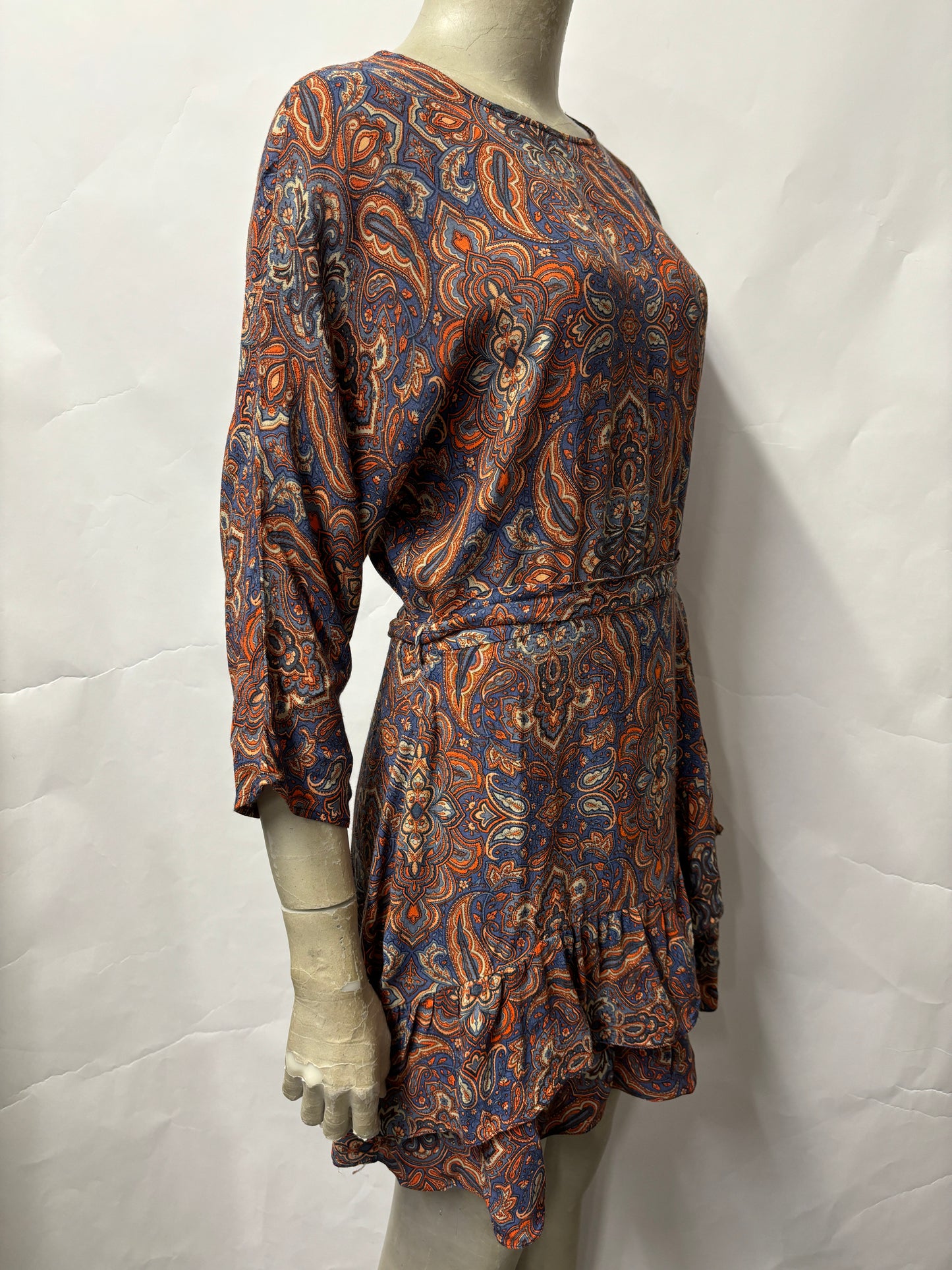 Urban Outfitters Blue and Orange Paisley Belted Mini Dress Small