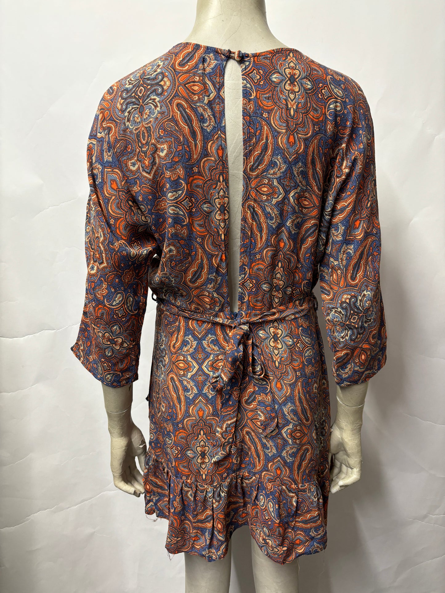 Urban Outfitters Blue and Orange Paisley Belted Mini Dress Small