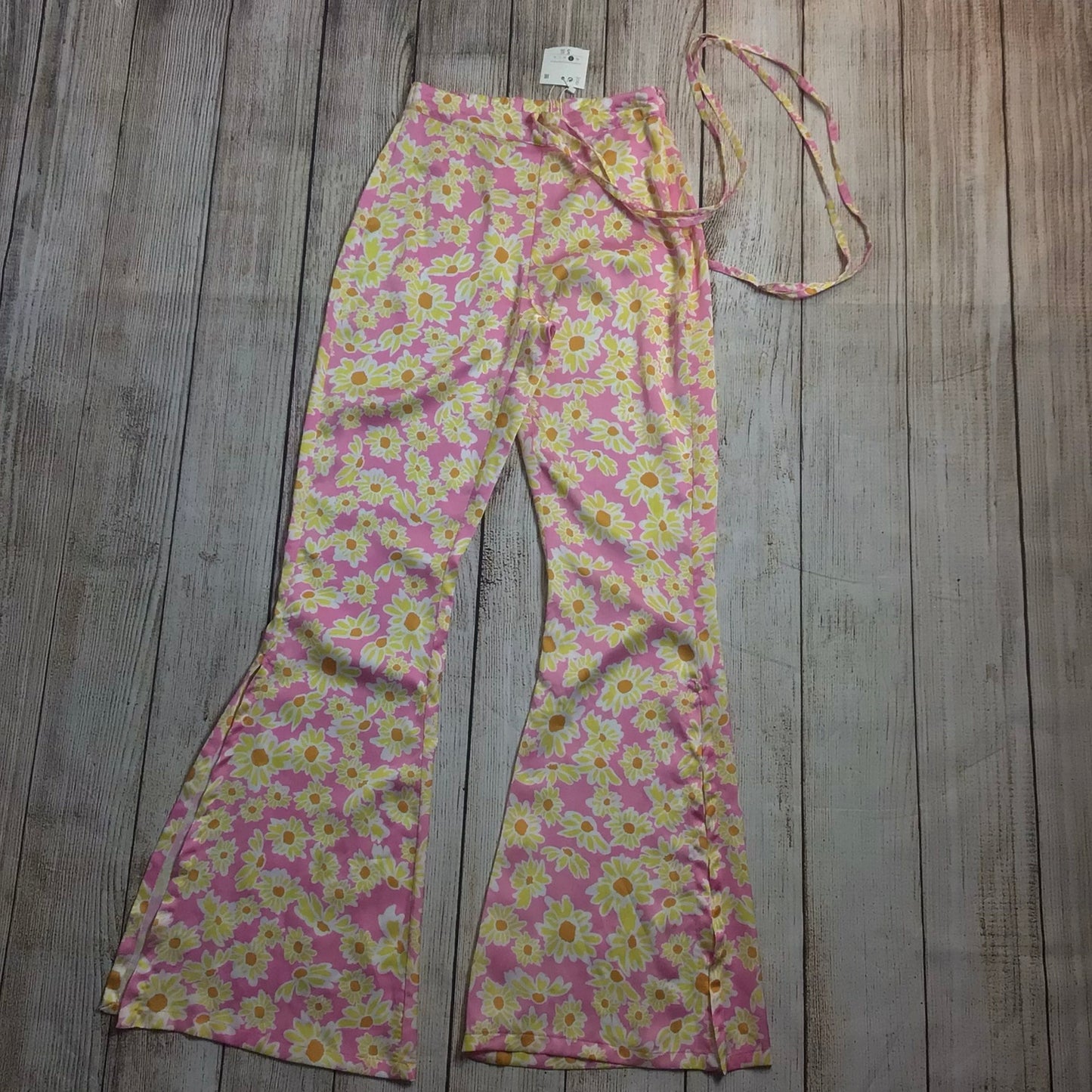 BNWT Bershka Pink & Yellow Floral Retro Print Flared Hippie Trousers Size S